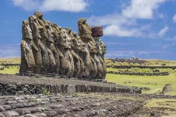 Fifteen moai at the restored ceremonial site of Ahu Tongariki on Easter Island (Isla de Pascua) (Rapa Nui), UNESCO World Heritage Site, Chile, South America