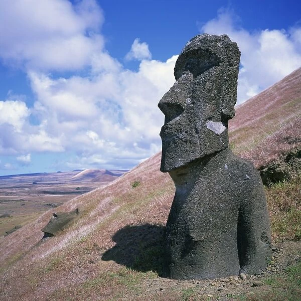 A moai or statue on the southern outer slopes of Volcan Rano Raraku on Easter Island