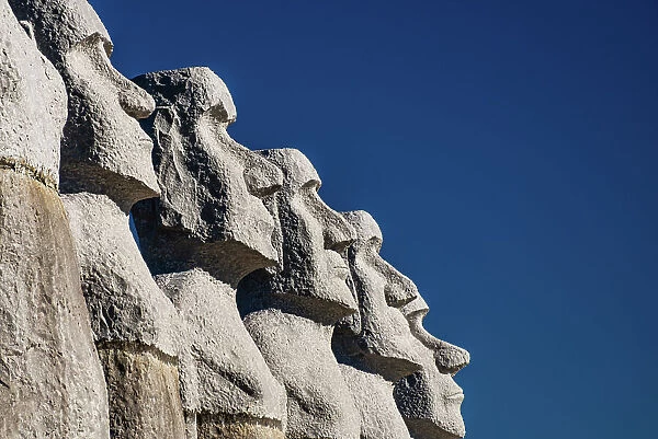 Moai statues against a blue sky in a row, Hokkaido, Japan, Asia