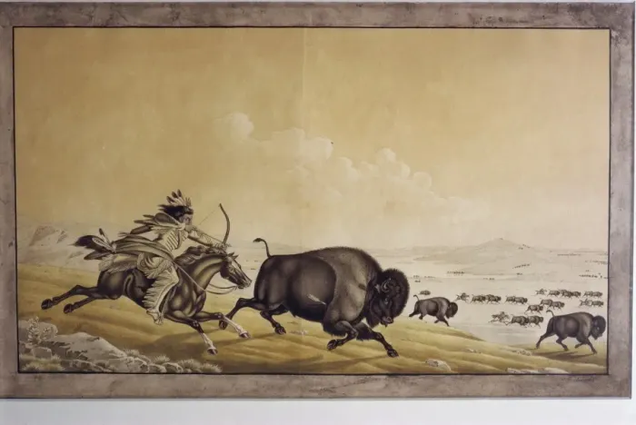 Framed Print : Mode of chasing bison by the Assinneboins by P. Rindisbacher, West Point Museum Framed Print : Mode of chasing bison by the Assinneboins by P. Rindisbacher, West Point Museum