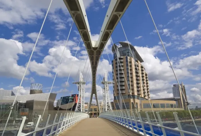 Framed Print : Modern architecture of new apartment buildings and the Lowry Centre fron the Millennium Bridge Framed Print : Modern architecture of new apartment buildings and the Lowry Centre fron the Millennium Bridge