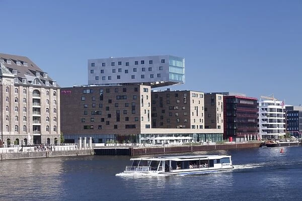 Modern architecture along the Spree River, excursion boat, Osthafen Port, Friedrichshain
