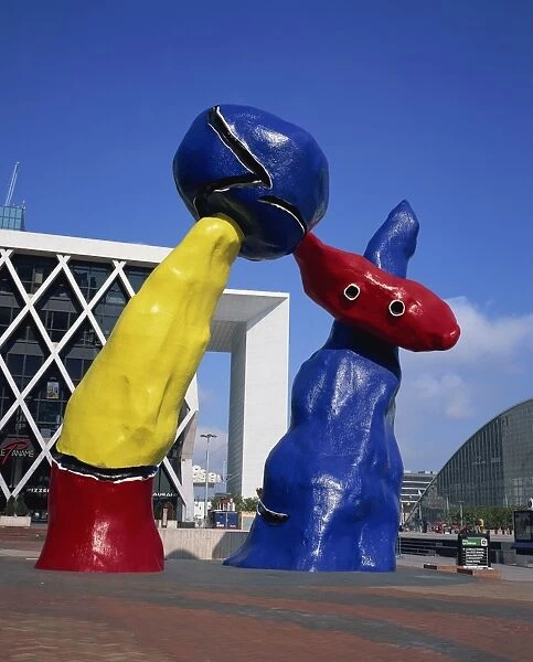 Modern art sculpture before La Grande Arche, La Defense, Paris, France, Europe