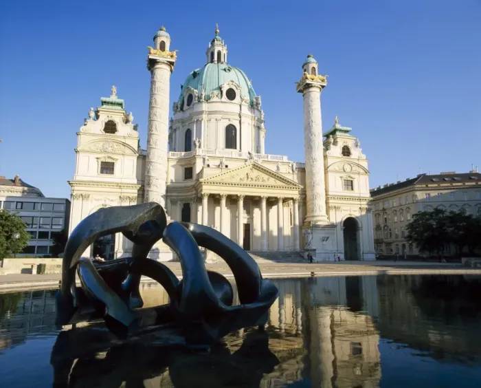 Framed Print : Modern art sculpture before the St. Charles Church, Vienna, Austria Framed Print : Modern art sculpture before the St. Charles Church, Vienna, Austria