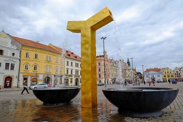 One of the three modern gold fountains in the Republic Square, Pilsen (Plzen), West Bohemia