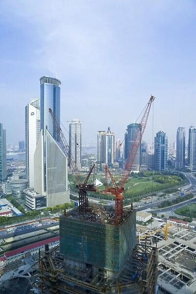 Modern skyscrapers and new construction in the Lujiazui financial district of Pudong