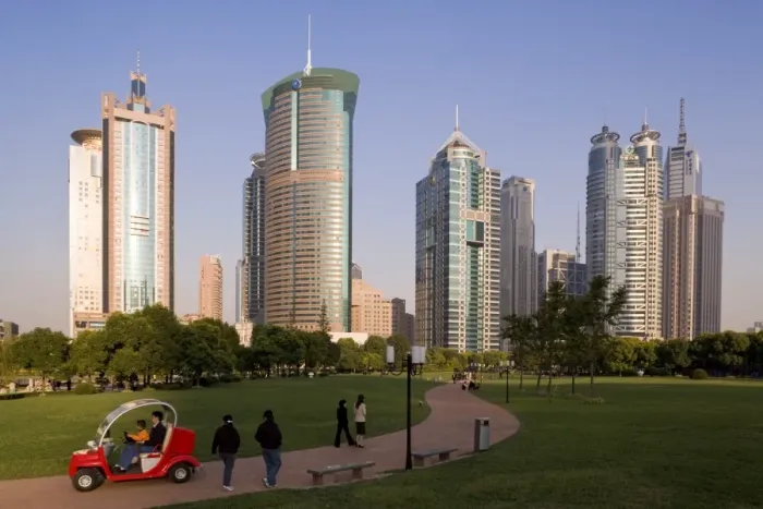 Framed Print : Modern skyscrapers and park in Lujiazui financial district of Pudong, Shanghai