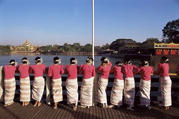 Mon women in traditional dress, Yangon (Rangoon), Myanmar (Burma), Asia