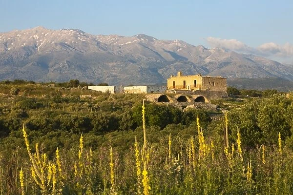 Monastery of Ayios Ioannis Theologos and White Mountains in spring, Aptera, Chania region, Crete, Greek Islands, Greece, Europe