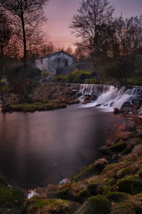 Framed Print : Mondim de Basto waterfall with a mill house at sunset, Norte, Portugal, Europe Framed Print : Mondim de Basto waterfall with a mill house at sunset, Norte, Portugal, Europe