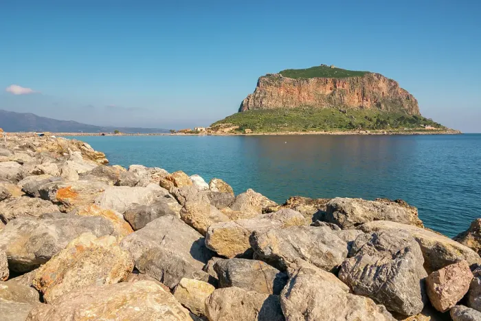 Framed Print : Monemvasia, historic city on an island with a mountain in turquoise sea, Monemvasia, Laconia, Greece Framed Print : Monemvasia, historic city on an island with a mountain in turquoise sea, Monemvasia, Laconia, Greece