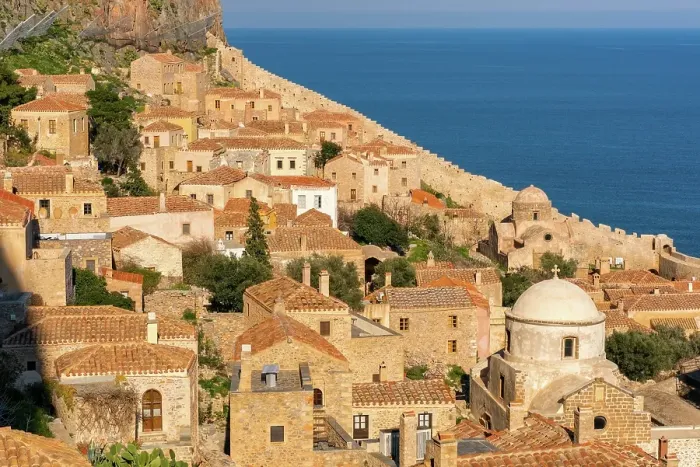 Framed Print : Monemvasia island historic stone houses and churches, Monemvasia, Laconia, Greece Framed Print : Monemvasia island historic stone houses and churches, Monemvasia, Laconia, Greece