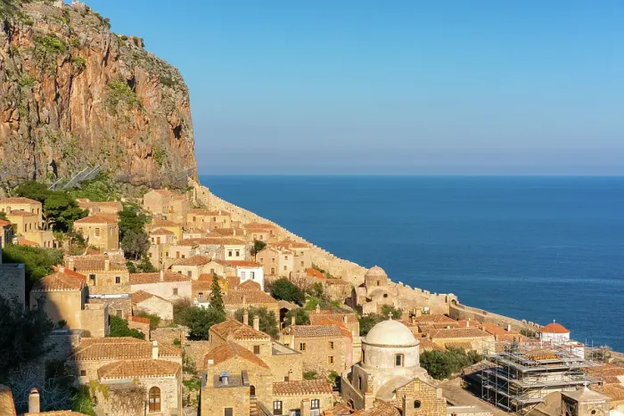 Framed Print : Monemvasia island historic stone houses and churches, Monemvasia, Laconia, Greece Framed Print : Monemvasia island historic stone houses and churches, Monemvasia, Laconia, Greece