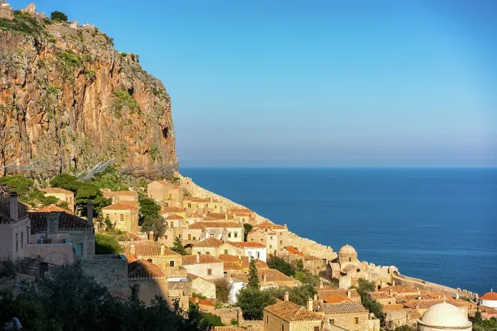 Framed Print : Monemvasia island historic stone houses and churches, Monemvasia, Laconia, Greece Framed Print : Monemvasia island historic stone houses and churches, Monemvasia, Laconia, Greece