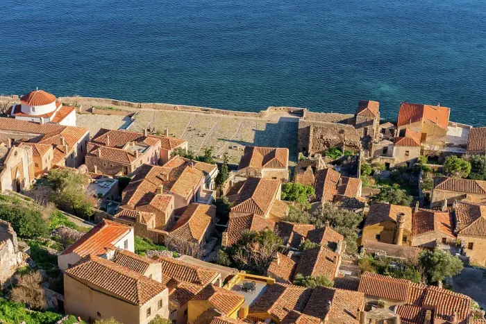 Framed Print : Monemvasia island historic stone houses and churches, Monemvasia, Laconia, Greece Framed Print : Monemvasia island historic stone houses and churches, Monemvasia, Laconia, Greece