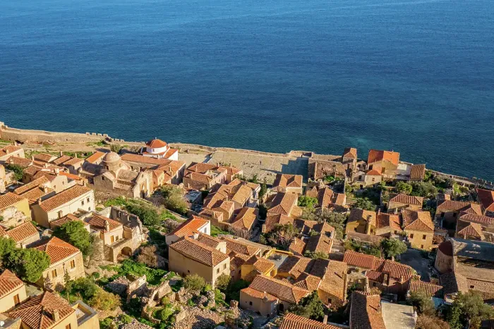 Framed Print : Monemvasia island historic stone houses and churches, Monemvasia, Laconia, Greece