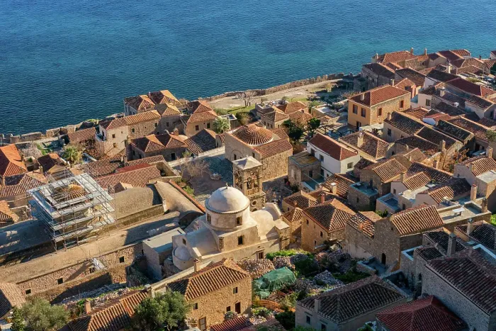 Framed Print : Monemvasia island historic stone houses and churches, Monemvasia, Laconia, Greece Framed Print : Monemvasia island historic stone houses and churches, Monemvasia, Laconia, Greece