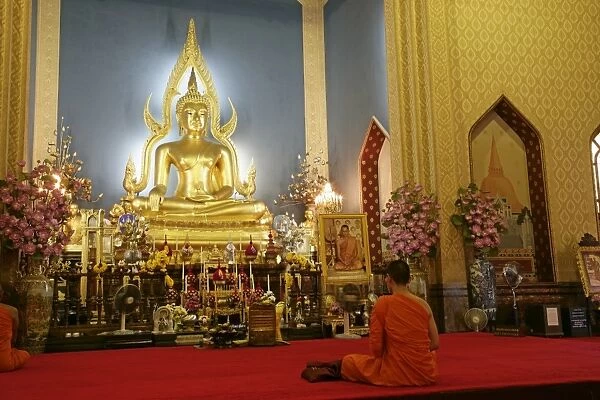 Monk praying and giant golden statue of the Buddha