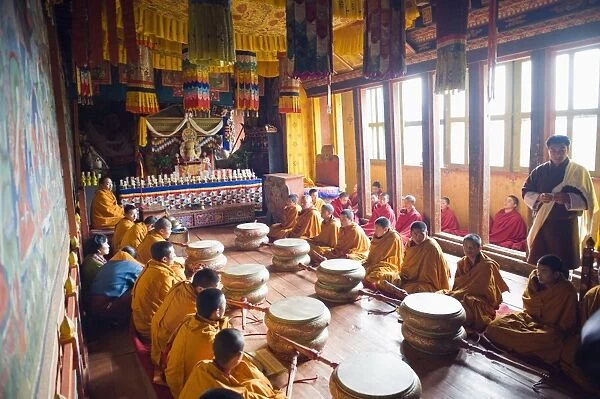 Monks with drums at a ceremony in Jakar Dzong, Castle of the White Bird