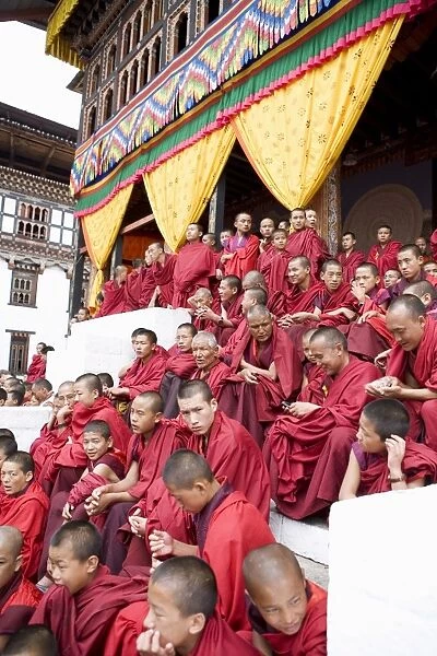 Monks watching religious dances, Buddhist festival (Tsechu), Trashi Chhoe Dzong