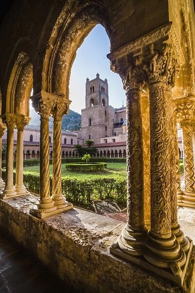 Monreale Cathedral (Duomo di Monreale), columns in the courtyard gardens, Monreale, near Palermo, Sicily, Italy, Europe