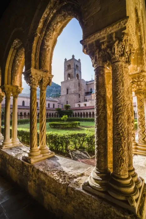 Framed Print : Monreale Cathedral (Duomo di Monreale), columns in the courtyard gardens, Monreale, near Palermo, Sicily, Italy, Europe Framed Print : Monreale Cathedral (Duomo di Monreale), columns in the courtyard gardens, Monreale, near Palermo, Sicily, Italy, Europe