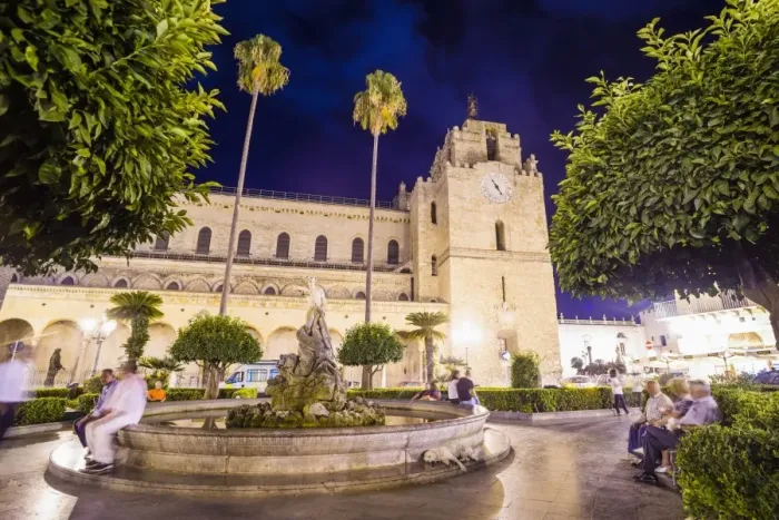 Framed Print : Monreale Cathedral at night, Sicilian people at the fountain in Guglielmo Square, Monreale, near Palermo, Sicily, Italy, Europe Framed Print : Monreale Cathedral at night, Sicilian people at the fountain in Guglielmo Square, Monreale, near Palermo, Sicily, Italy, Europe