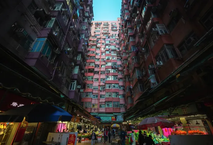 Framed Print : Monster Buildings and market during dusk, Quarry Bay. Hong Kong, China Framed Print : Monster Buildings and market during dusk, Quarry Bay. Hong Kong, China