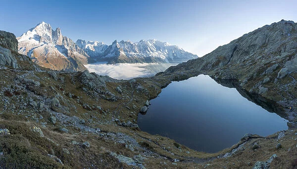 Mont Blanc, Grandes Jorasses, Aiguille Verte majestic peaks view from the pristine Lacs