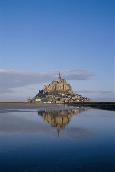 Mont St. Michel (Mont Saint-Michel) reflected in water, Manche, Normandy, France, Europe