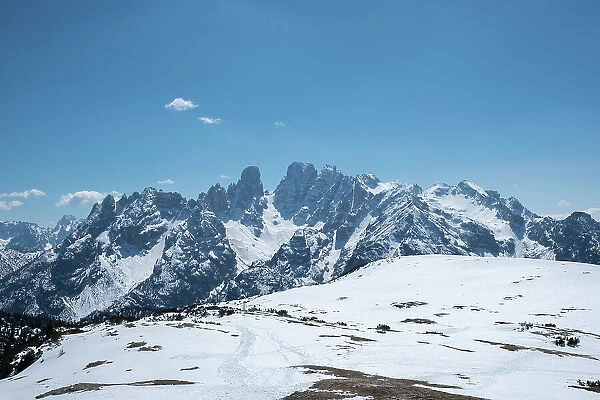 Monte Cristallo mountain covered by pristine snow, Dolomites, Belluno, Veneto, Italy, Europe