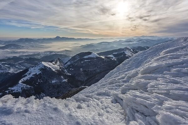 Monte Cucco Park, sunrise on Apennines in winter, Umbria, Italy, Europe