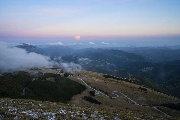 Monte Nerone at sunset on a foggy day, Apennines, Marche, Italy, Europe