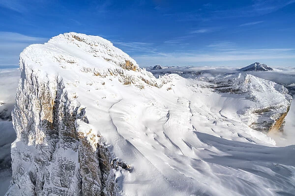 Monte Pelmo after a snowfall, aerial view, Dolomites, Belluno province, Veneto, Italy