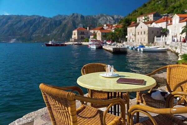 Montenegro, Bay of Kotor, Perast, Waterside Cafe