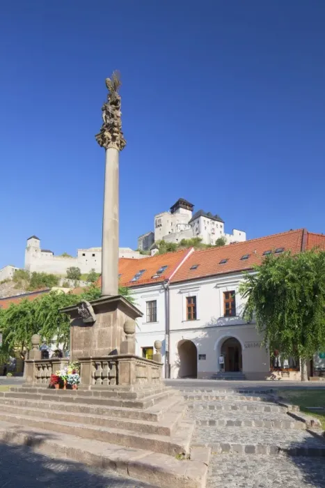 Framed Print : Monument in Mierove Square and Trencin Castle, Trencin, Trencin Region, Slovakia, Europe Framed Print : Monument in Mierove Square and Trencin Castle, Trencin, Trencin Region, Slovakia, Europe
