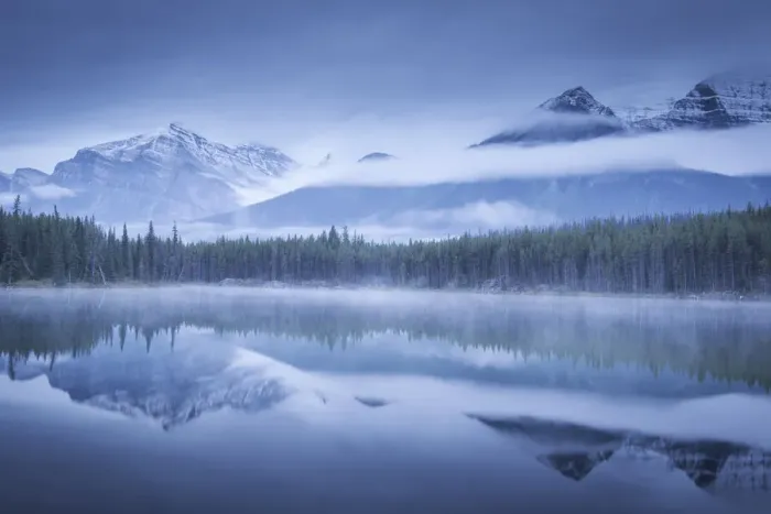 Framed Print : Moody misty morning at Herbert Lake in the Canadian Rockies, Banff National Park Framed Print : Moody misty morning at Herbert Lake in the Canadian Rockies, Banff National Park