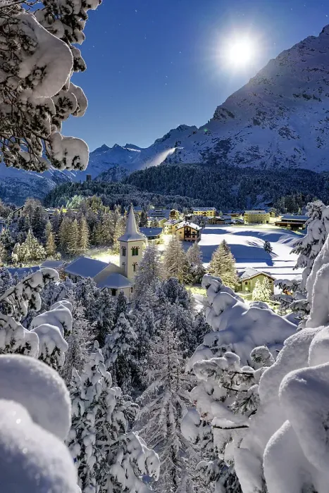 Framed Print : Full moon over Chiesa Bianca covered with snow surrounded by woods, Maloja, Bregaglia Valley, Engadine, Canton of Graubunden, Switzerland, Europe