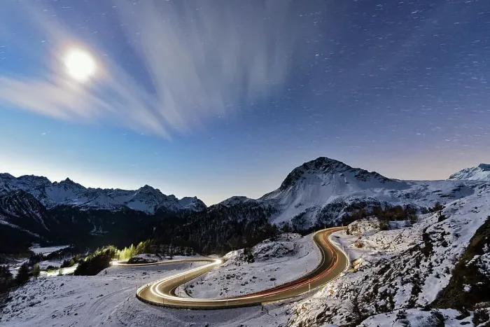 Framed Print : Full moon glowing over a snowy mountain road lit by car trails, Bernina Pass, Val Poschiavo, Graubunden canton, Switzerland, Europe Framed Print : Full moon glowing over a snowy mountain road lit by car trails, Bernina Pass, Val Poschiavo, Graubunden canton, Switzerland, Europe