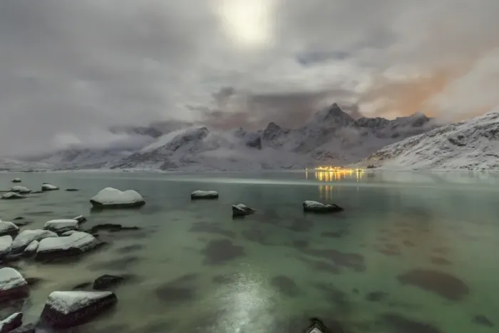 Framed Print : Full moon lights up the snow capped peaks reflected in the cold sea, Vareid, Flakstad Framed Print : Full moon lights up the snow capped peaks reflected in the cold sea, Vareid, Flakstad