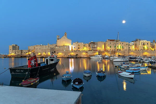 Full moon night over the illuminated medieval village of Giovinazzo with tourist marina in the foreground, Bari province, Adriatic Sea, Mediterranean Sea, Apulia, Italy, Europe