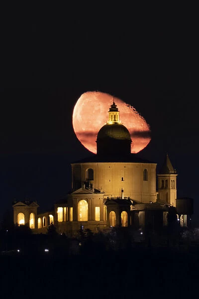 Moon third quarter above San Luca Sanctuary at night, Bologna, Emilia Romagna, Italy, Europe