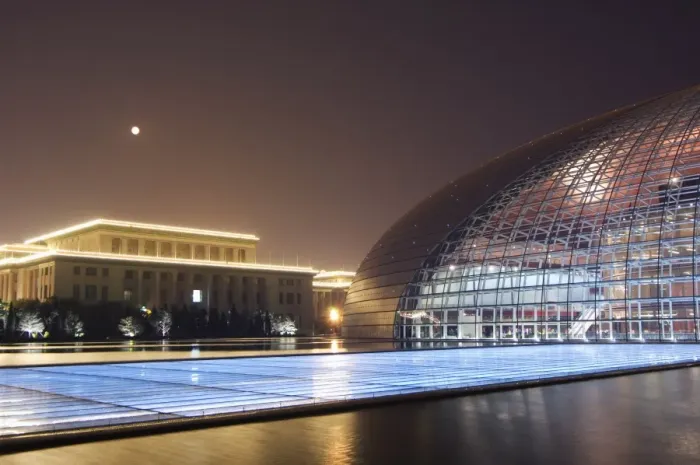 Framed Print : Full moon above Soviet style Great Hall of the People contrasts with The National Theatre Opera House, also known as The Egg designed by French architect Paul Andreu and made with glass and titanium opened 2007, Beijing Framed Print : Full moon above Soviet style Great Hall of the People contrasts with The National Theatre Opera House, also known as The Egg designed by French architect Paul Andreu and made with glass and titanium opened 2007, Beijing