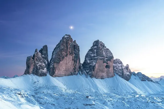 Framed Print : Moon above Tre Cime di Lavaredo at dusk, winter time, Tre Cime di Lavaredo (Lavaredo peaks) (Drei Zinnen), Sesto (Sexten), Dolomites, South Tyrol, Italy, Europe Framed Print : Moon above Tre Cime di Lavaredo at dusk, winter time, Tre Cime di Lavaredo (Lavaredo peaks) (Drei Zinnen), Sesto (Sexten), Dolomites, South Tyrol, Italy, Europe