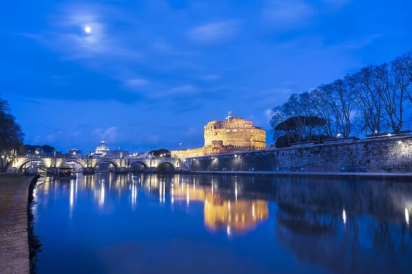 Moonlight at dusk on River Tiber, Ponte and Castel Sant Angelo
