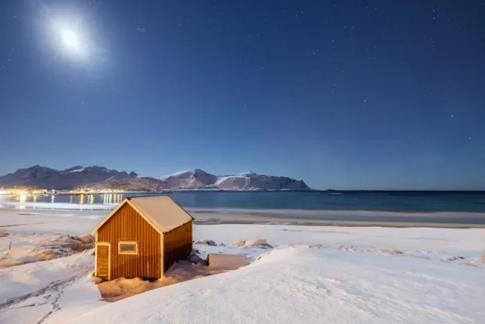 Framed Print : Moonlight on a typical fishermen cabin surrounded by snow, Ramberg, Flakstad, Nordland County Framed Print : Moonlight on a typical fishermen cabin surrounded by snow, Ramberg, Flakstad, Nordland County