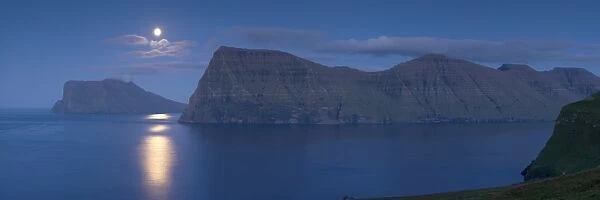 Moonrise on Kunoy and Vidoy headlands across Kalsoyarfjordur, from Kalsoy Island