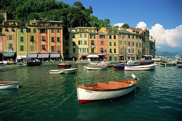 Moored boats and architecture of Portofino, Liguria, Italy, Mediterranean, Europe