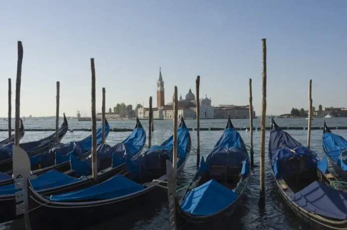 Framed Print : Moored gondolas and the island church of San Giorgio Maggiore, Venice, UNESCO World Heritage Site Framed Print : Moored gondolas and the island church of San Giorgio Maggiore, Venice, UNESCO World Heritage Site