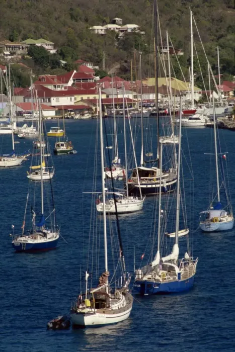 Framed Print : Moored sailing boats in Gustavia Harbour, St Framed Print : Moored sailing boats in Gustavia Harbour, St